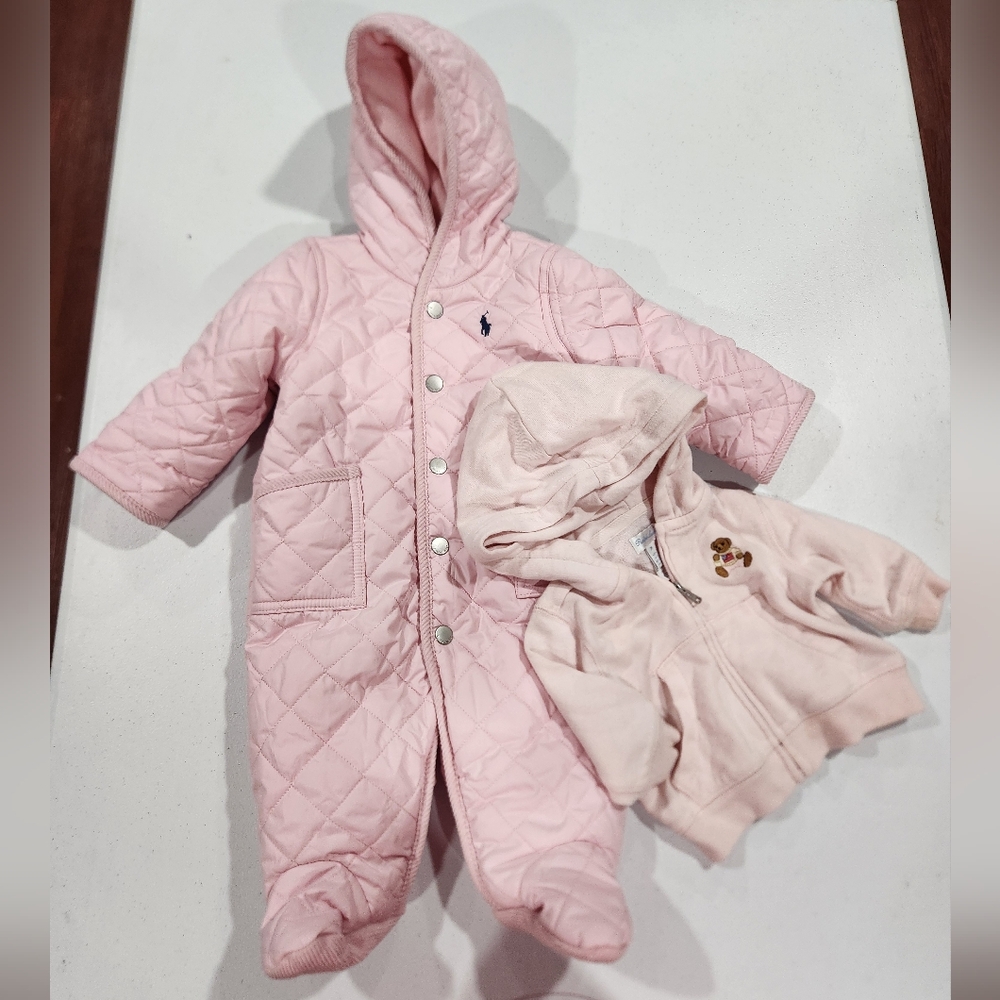 Ralph Lauren Baby Pink Quilted Baby Snowsuit and Hoodie Set Bundle One Bear